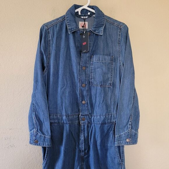 Levi's Denim Coveralls Womens Sz Xsmall Overall Blue Long Sleeve Snap Button Nwt - Picture 2 of 9